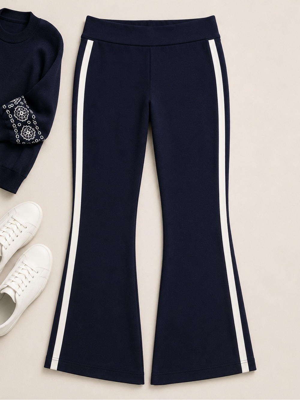 Navy Side-Stripe Flared Knit Pants - Picture 2 of 6